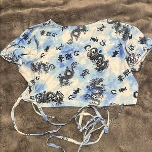 SHEIN Sky Blue Dragon Print Tie-Back Top